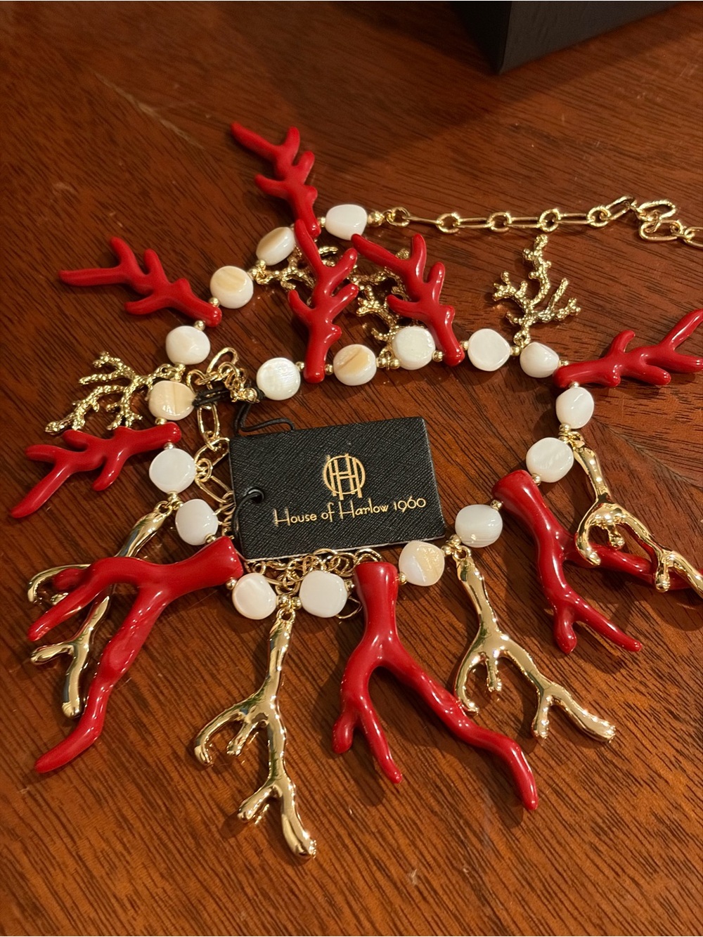 House of Harlow 1960 Red Coral & Gold Branch Pearl Necklace - Picture 7 of 7